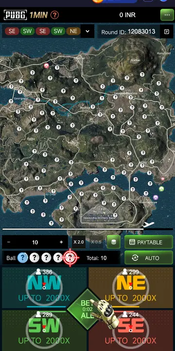 Daman Games PUBG 1MIN prediction game interface with live bets and payout multipliers
